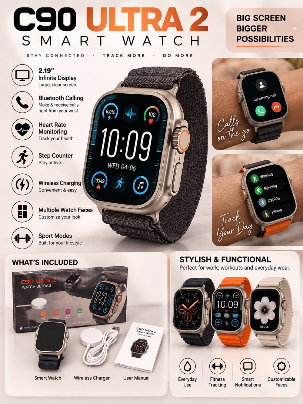 Champion C90 Ultra 2 Smartwatch — Silver Case with Black Strap